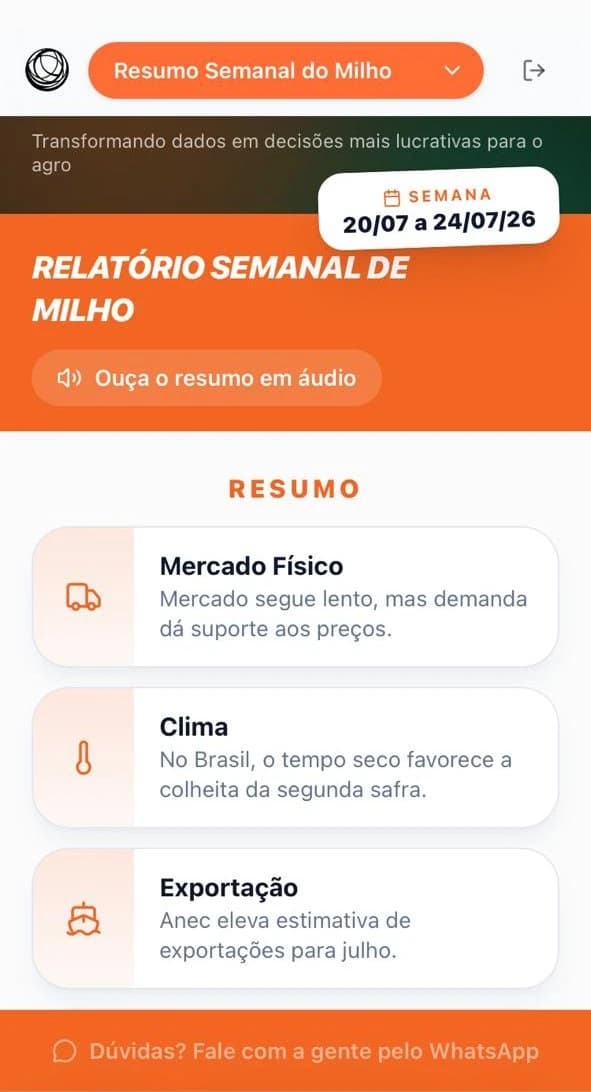 Painel de Resumos JPA Inteligência no celular — resumo semanal do milho
